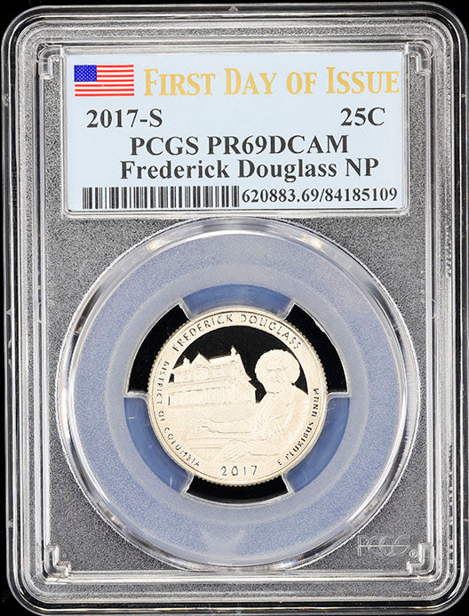2017-s Frederick Douglas quarter certified by PCGS at Proof 69 Deep Cameo 1st day of issue