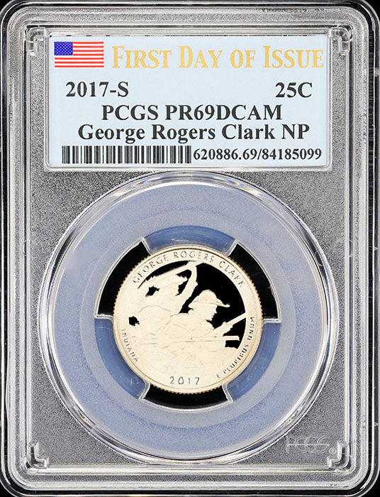 2017-s George Rogers Clark quarter certified by PCGS at Proof 69 Deep Cameo 1st day of issue