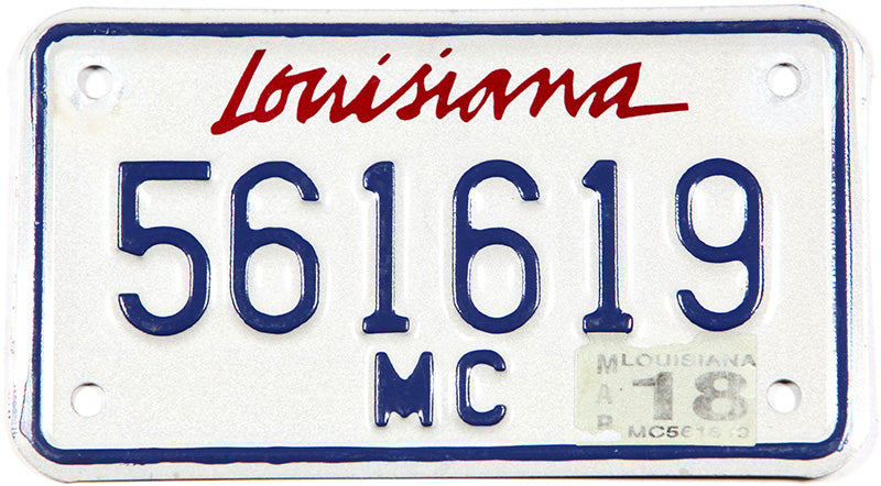 Classic 2018 Louisiana motorcycle license plate grading excellent minus