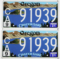 Pair of 2021 Oregon Crater Lake car license plates grading excellent minus