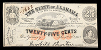 An obsolete Alabama 25 cent treasury note issued during the Civil War on January 1st, 1863 for sale by Brandywine General Store in crisp uncirculated condition