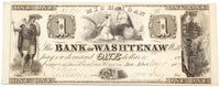 An obsolete Bank of Washtenaw one dollar banknote issued from Ann Arbor Michigan in 1834 for sale by Brandywine General Store Almost uncirculated