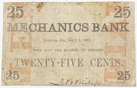 An obsolete quarter change note from the Mechanics Bank in Augusta Georgia in 1862 for sale by Brandywine General Store in fine condition