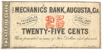 An obsolete small size quarter change note from the Mechanics Bank in Augusta Georgia in 1863 for sale by Brandywine General Store in very fine condition
