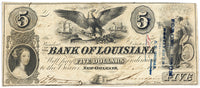 An obsolete five dollar civil war Forced Issue banknote issued by the Bank of Louisiana from New Orleans on May 22, 1862 for sale by Brandywine General Store in choice fine condition
