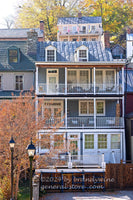 An original premium quality art print of Blue House with Street Lamps in Harpers Ferry Historical National Park for sale by Brandywine General Store
