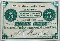 An obsolete 3 cents W. S. Marshall obsolete store memorandum check from the 1860s for sale by Brandywine General Store