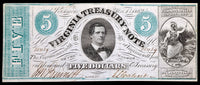 A five dollar obsolete treasury note from the commonwealth of Virginia issued October 15, 1862 from the second issue of Bills issued by VA during the Civil War for sale by Brandywine General Store choice EF