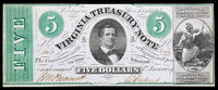 A five dollar obsolete treasury note from the commonwealth of Virginia issued October 15, 1862 from the second issue of Bills issued by VA during the Civil War for sale by Brandywine General Store Extra fine