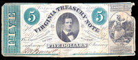 A five dollar obsolete treasury note from the commonwealth of Virginia issued Oct 15, 1862 from the second issue of Bills issued by VA during the Civil War for sale by Brandywine General Store Good condition
