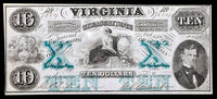 A ten dollar obsolete treasury note from the commonwealth of Virginia issued October 15, 1862 from the second issue of Bills issued by VA during the Civil War for sale by Brandywine General Store AU condition