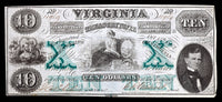 A ten dollar obsolete treasury note from the commonwealth of Virginia issued October 15, 1862 from the second issue of Bills issued by VA during the Civil War for sale by Brandywine General Store estra fine grade
