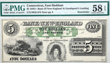 An obsolete five dollar banknote issued by Bank of New England at Goodspeed's Landing in East Haddam Connecticut certified by PMG at 58 Choice AU EPQ for sale by Brandywine General Store