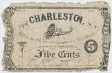An obsolete five cent note issued by the city of Charleston, South Carolina during the Civil War in March 1862 for sale by Brandywine General Store in good condition