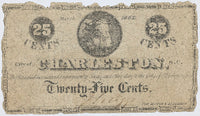 An obsolete twenty five cent note issued by the city of Charleston, South Carolina during the Civil War in March 1862 for sale by Brandywine General Store in good condition