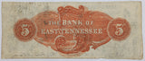 An obsolete five dollar banknote from the Chattanooga branch of the Bank of East Tennessee dated 1856 for sale by Brandywine General Store Reverse of note