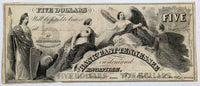 An obsolete five dollar banknote from the Chattanooga branch of the Bank of East Tennessee dated 1856 for sale by Brandywine General Store in fine condition