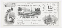 An obsolete fifteen cent bogus note issued on the Corporation of Cheraw during the Civil War in 1861 for sale by Brandywine General Store in very fine condition