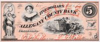 A five dollar obsolete banknote issued by the Allegany County Bank of Cumberland Maryland dated January 04, 1860 for sale by Brandywine General Store in choice AU condition
