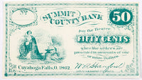 A fifty cents obsolete change note made by W. A. Hanford thru the Summit County Bank at Cuyahoga Falls, Ohio during the Civil War in 1862 for sale by Brandywine General Store in uncirculated condition