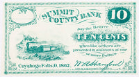 A ten cents obsolete change note made by W. A. Hanford thru the Summit County Bank at Cuyahoga Falls, Ohio during the Civil War in 1862 for sale by Brandywine General Store in uncirculated condition
