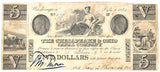 Obsolete money from the Chesapeake and Ohio Canal Company five dollar bill issued from Washington DC in 1840 for sale by Brandywine General Store in fine condition