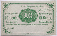 An unsigned obsolete civil war ten cents currency issued January 7, 1863 from East Weymouth, Massachusetts for sale by Brandywine General Store