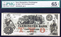 A Farmington New Hampshire two dollar obsolete currency from the Farmington Bank in the 1860s certified by PMG at 65 EPQ for sale by Brandywine General Store
