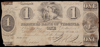 An obsolete one dollar banknote issued by the Farmer's Bank of Virginia at the Farmville branch during the Civil War in 1861 in very good condition with losses