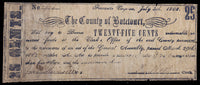 A 25 cents obsolete civil war note from Botetourt County issued from Fincastle VA during the Civil War on July 5, 1862 for sale by Brandywine General Store in fine condition