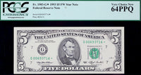 A series of 1993 FR #1983-G* five dollar federal reserve Star note from the Chicago District graded by PCGS at 64 PPQ for sale by Brandywine General Store