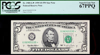 A series of 1995 FR #1985-G* five dollar federal reserve Star note from the Chicago District graded PCGS 67 PPQ for sale by Brandywine General Store