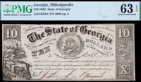 An obsolete Georgia ten dollar Treasury note issued during the Civil War from Milledgeville GA on March 20, 1865 graded PMG 63 EPQ for sale by Brandywine General Store