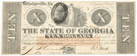 An obsolete Georgia ten dollar note issued during the Civil War from Milledgeville GA on January 15, 1862 for sale by Brandywine General Store in choice almost uncirculated condition