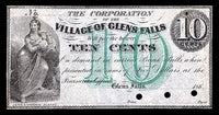 An obsolete ten cent scrip note remainder from the Corporation of Glens Falls New York in the 1860s for sale by Brandywine General Store in crisp AU condition