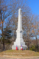 An original premium quality Civil War art print of the Groveton Cemetery Monument with Flags in Manassas Battlefield Park for sale by Brandywine General Store