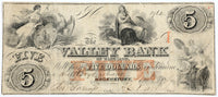 A five dollar obsolete banknote issued by the Valley Bank of Maryland in Hagerstown in 1856 for sale by Brandywine General Store in fine condition