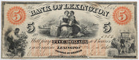 An Obsolete North Carolina five dollar banknote from the Bank of Lexington with red tints issued in 1860 for sale by Brandywine General Store estimated fine condition