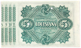 An obsolete five dollar baby bond issued by the state of Louisiana in 1873 with four coupons on the side for sale by Brandywine General Store reverse of bond