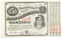 An obsolete five dollar baby bond issued by the state of Louisiana in 1873 with four coupons on the side for sale by Brandywine General Store in choice AU condition
