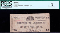 A seventy five cents civil war obsolete currency from the City of Lynchburg VA certified PCGS 15 Fine and dated May 1, 1862 for sale by Brandywine General Store