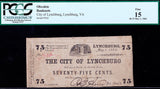 A seventy five cents civil war obsolete currency from the City of Lynchburg VA certified PCGS 15 Fine and dated May 1, 1862 for sale by Brandywine General Store