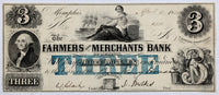 An obsolete three dollar bill from the Farmers and Merchants Bank of Memphis Tennessee dated 1854 for sale by Brandywine General Store in very fine condition