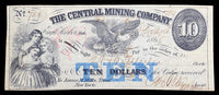 An obsolete ten dollar bill from the Central Mining Company in Eagle Harbor Michigan issued December 30, 1865 for sale by Brandywine General Store