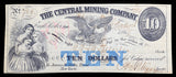 An obsolete ten dollar bill from the Central Mining Company in Eagle Harbor Michigan issued December 30, 1865 for sale by Brandywine General Store