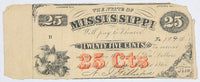 An obsolete Mississippi 25 cents from the 1864 change note issue for sale by Brandywine General Store in fine condition with torn corner