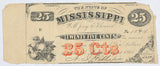 An obsolete Mississippi 25 cents from the 1864 change note issue for sale by Brandywine General Store in fine condition with torn corner