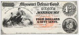 Obsolete four dollars and fifty cents Missouri Defence Bond printed during the Civil War by the Southern MO government while in exile for sale by Brandywine General Store in AU condition with small tear