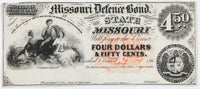 Obsolete four dollars and fifty cents Missouri Defence Bond printed during the Civil War by the Southern MO government while in exile for sale by Brandywine General Store in AU condition