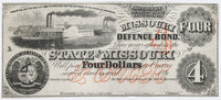 Obsolete four dollars Missouri Defence Bond printed during the Civil War by the Southern MO government while in exile for sale by Brandywine General Store in crisp very fine condition